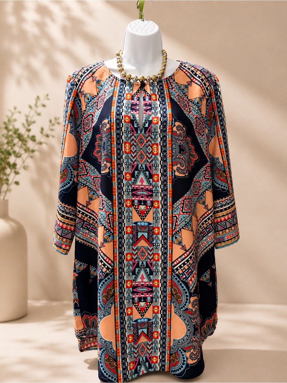 Boho Geometric Print Peasant Tunic/Dress in Navy and Peach
